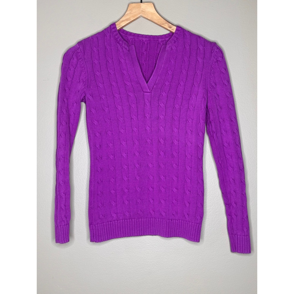 Ralph Lauren Purple Cable Knit Cotton Split Neck Sweater Womens Slim Fit